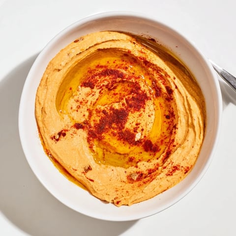 A close-up of creamy roasted red pepper hummus in a rustic bowl, drizzled with golden olive oil and garnished with paprika.  