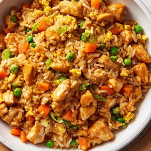 A close-up of butter chicken fried rice, showcasing tender chicken pieces, fluffy rice, and vibrant peas and carrots on a white plate.