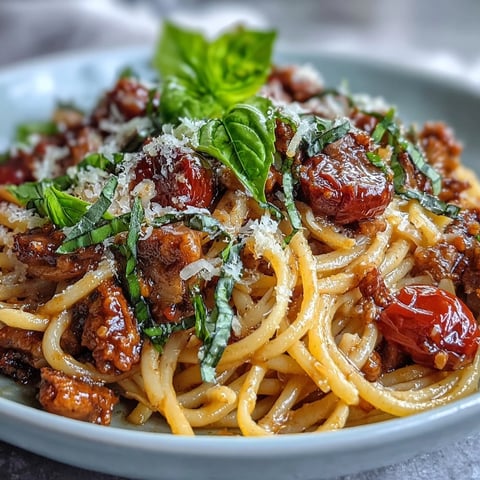 A close-up of Italian Drunken Noodles with spicy sausage, sweet cherry tomatoes, and fresh basil in a rich red wine sauce.
