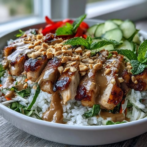 A vibrant Rice Paper Roll Bowl with silky rice paper shards, crisp vegetables, and creamy peanut sauce drizzled over the top.