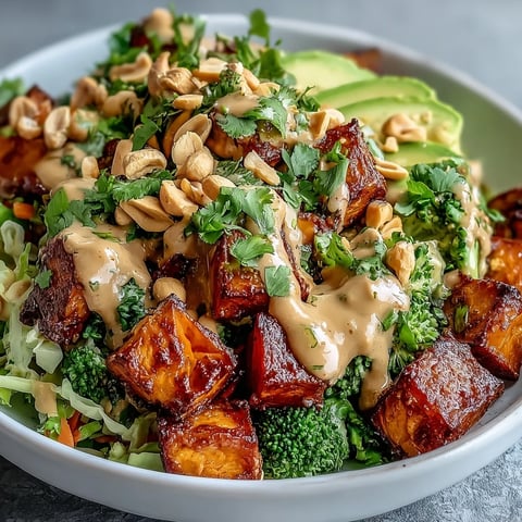 Fork-tender roasted sweet potatoes and crisp veggies await a drizzle of creamy peanut sauce in this vibrant Buddha Bowl.