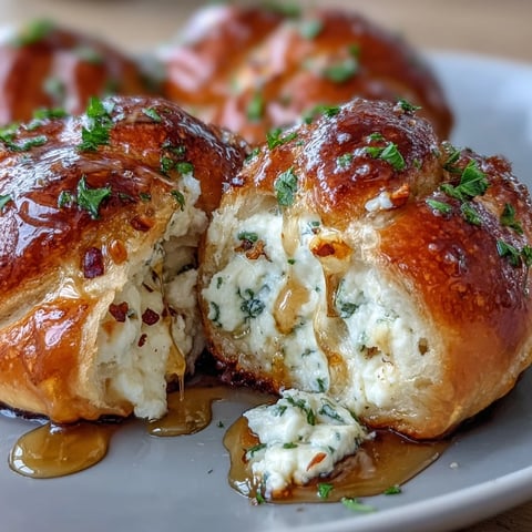 Golden-brown Hot Honey Ricotta Stuffed Garlic Knots fresh from the oven, drizzled with spicy honey. 