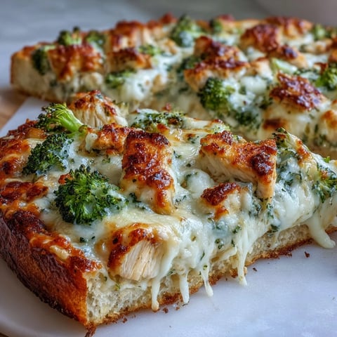 Garlic Parmesan Chicken & Broccoli Pizza with golden crust, bubbling cheese, and fresh green broccoli florets on a wooden cutting board.