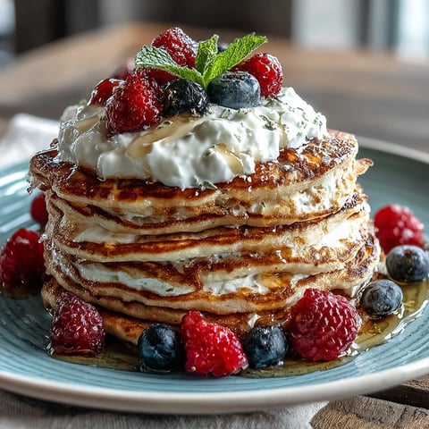 Fluffy Berry Protein Pancakes with Greek Yogurt topped with fresh berries and honey on a white plate for a healthy breakfast.