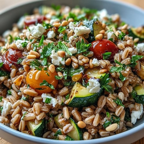 A colorful farro pasta bowl with zucchini, bell peppers, and cherry tomatoes tossed in zesty olive oil dressing. A wholesome Mediterranean vegetarian meal.  
