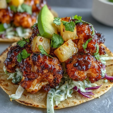 Smoky BBQ cauliflower tacos with pineapple salsa served on warm tortillas, garnished with avocado and red cabbage.  