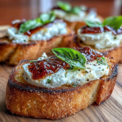 Crispy baguette slices topped with creamy goat cheese and sweet-spicy chili jam, garnished with fresh basil leaves.
