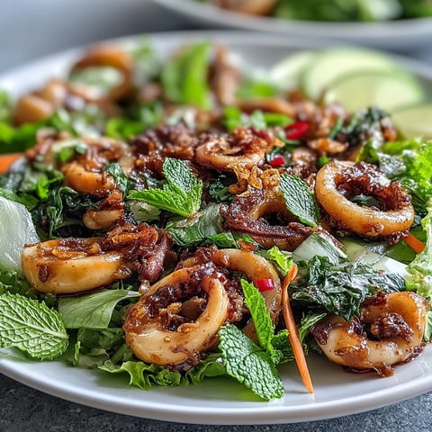 A vibrant chilli-lime squid salad with tender rings, fresh herbs, and crisp vegetables tossed in a zesty dressing.
