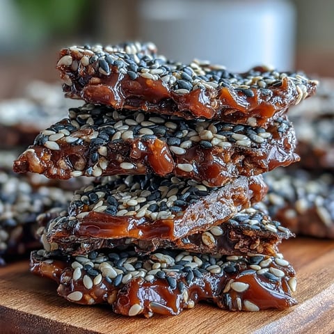 Crunchy black sesame brittle with toasted seeds in golden caramel, perfect for snacking or dessert topping.  