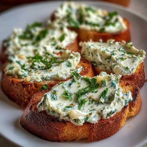 Creamy garlic and herb butter spread generously slathered on golden toasted crostini, perfect for entertaining.  