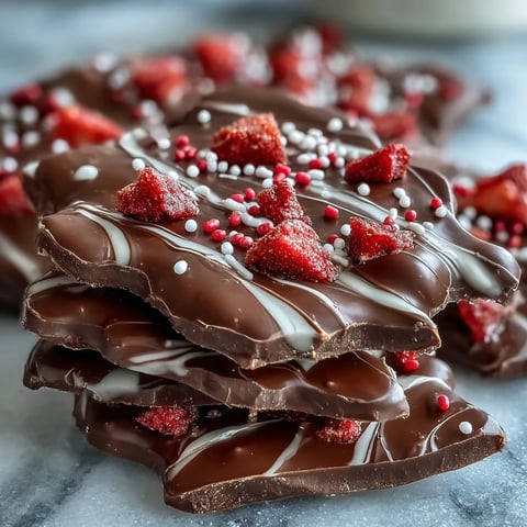 A luscious Valentine chocolate strawberry bark with swirls of dark and white chocolate, topped with freeze-dried strawberries and festive sprinkles.