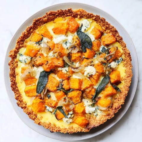 A creamy Potato Crust Quiche with butternut squash, topped with crumbled feta, ready to serve.