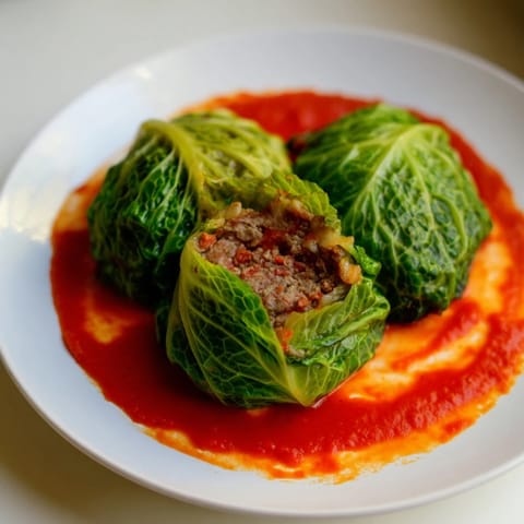 Golden-brown Simple Gołąbki nestled in a baking dish, the aromatic sauce bubbling gently during cooking.