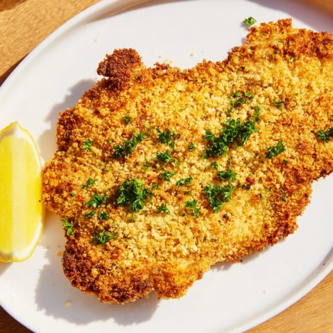 This image shows delicious, air-fried Wiener Schnitzel, ready to eat alongside a lemon wedge.