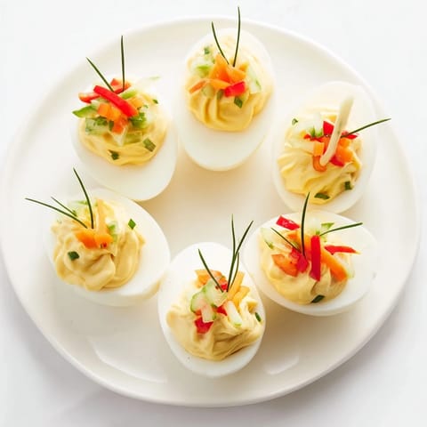 These colorful Festive Deviled Egg Ornaments feature creamy egg filling, garnished with fresh herbs and veggies.