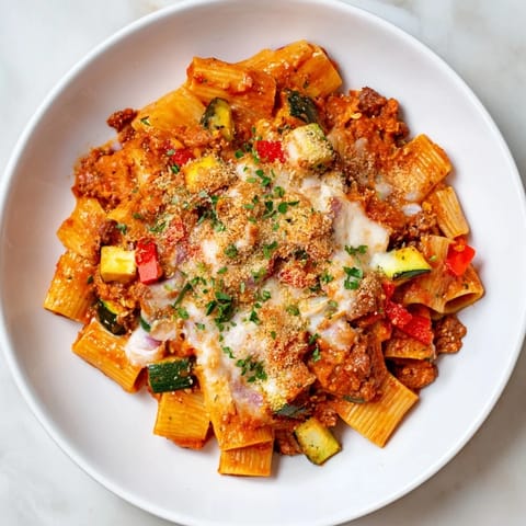 A close-up of a Spicy Vegan Chorizo Baked Pasta, presenting a flavorful, plant-based Italian-Spanish fusion.