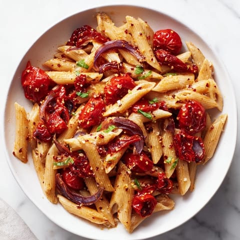 A close-up of savory Baked Tomato & Olive Oil Pasta, a comforting Italian vegetarian meal suggestion.