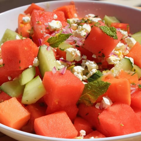 Close-up of a refreshing Cucumber and Watermelon Hot Girl Salad, ready for a cool summer lunch.