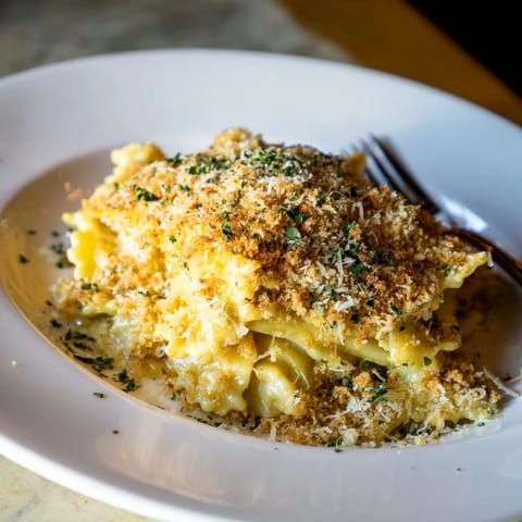 A comforting baked dish: Lightened Mac & Cheese Snowflake Pasta Bake with a crispy breadcrumb topping.