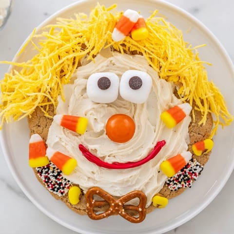 Delicious and festive Scarecrow Candy Platter, perfect for a party, with a smiling face made of candy.