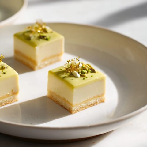 Bite-sized Grenouille Royale Petits Fours, showing layers of almond sponge and pistachio cream for an afternoon delight.