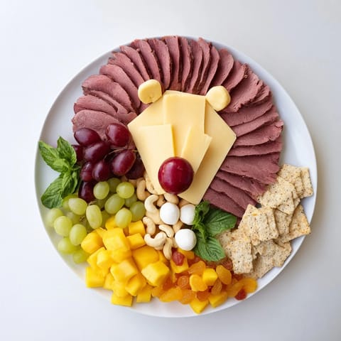 A vibrant Lion King savory platter featuring deli meats, cheeses, and fresh fruit, ready to eat!