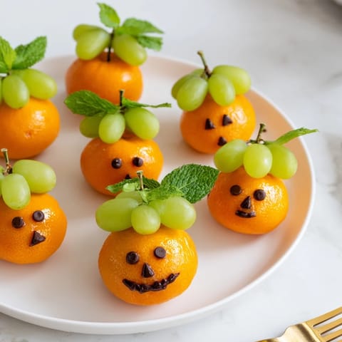 Festive pumpkin patch orange slices, decorated with grapes and mint, ready for serving.