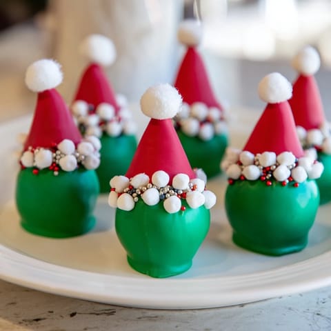 Showcasing the whimsical Elf Hat Chocolate Dipped Strawberries, perfectly crafted for festive celebrations.