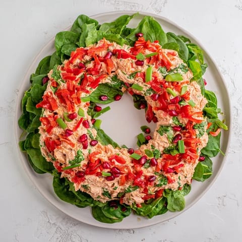 Vibrant Red Pepper and Spinach Dip Wreath: Imagine a beautiful holiday wreath of creamy dip topped with bright pomegranate seeds.