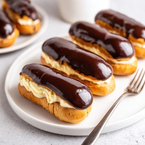 A platter of mini Chocolate Éclairs: golden pastry, rich chocolate, and sweet vanilla cream.