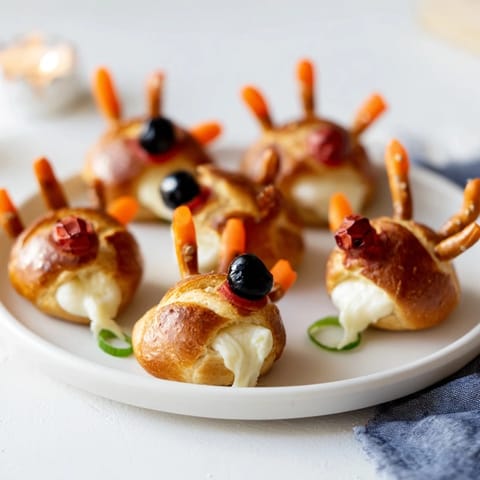 Adorable Melted Snowman Cheese Bites, served on crackers, offer a delightful combination of savory flavors.