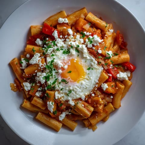 Golden, runny-yolked egg atop a serving of Quick Shakshuka Pasta, ready to be enjoyed with herbs.