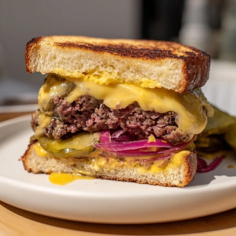 A close-up of delicious Smashed Burger Grilled Cheese with a runny cheese pull and crispy edges.