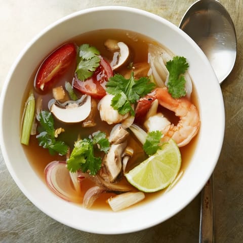 Vibrant image of Spicy Tom Yum Soup, showcasing plump shrimp and bright red chili peppers.
