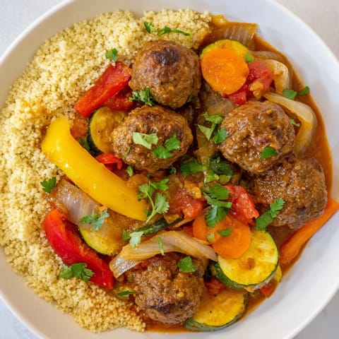 Steaming bowl of North African Couscous Kefta, offering a hearty, spiced meatball and vegetable meal.