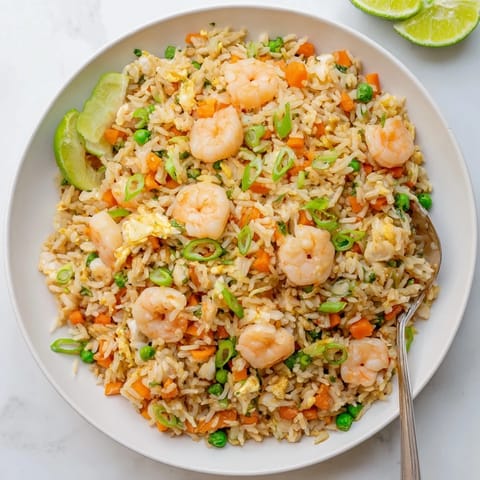A close-up view of aromatic garlic shrimp fried rice garnished with lime wedges and extra sliced spring onions.