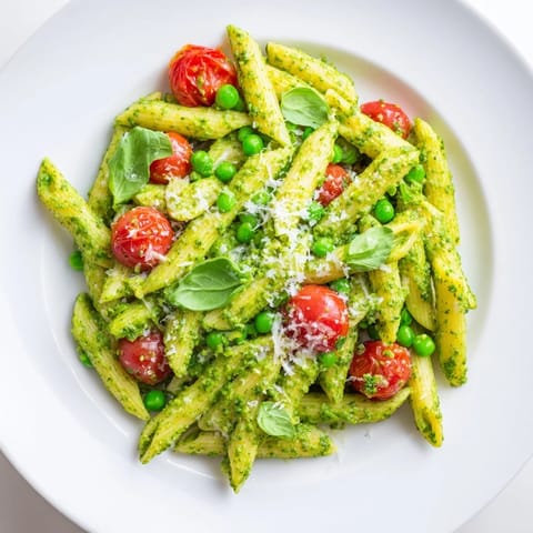 Fork-ready green pesto pasta salad with tender fusilli, sweet peas, and juicy cherry tomatoes on a rustic wooden table.  