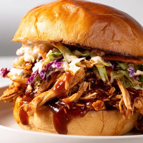 The sandwich features tender shredded chicken coated in smoky sauce, nestled on a soft bun with crisp cabbage and carrot slaw.