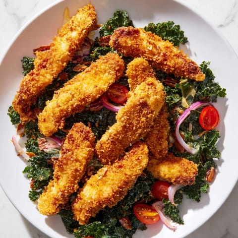 Fresh kale salad topped with crunchy panko-breaded chicken, cherry tomatoes, and red onion, tossed in a tangy maple-Dijon vinaigrette.