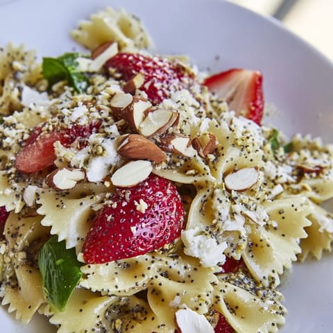 A vibrant Spring Spinach Strawberry Pasta Salad served in a white bowl topped with crumbled feta.  