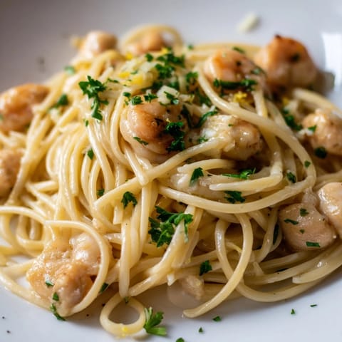 A close-up of Lemon Garlic Shrimp & Chicken Pasta highlights plump pink shrimp and tender chicken pieces nestled in a zesty, garlic-infused sauce.  