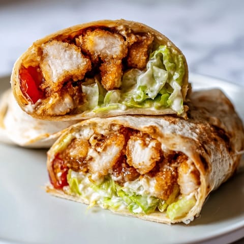 A close-up of the Hot Honey Chicken Caesar Wrap showcases the vibrant romaine, Parmesan, and juicy tomato halves.  