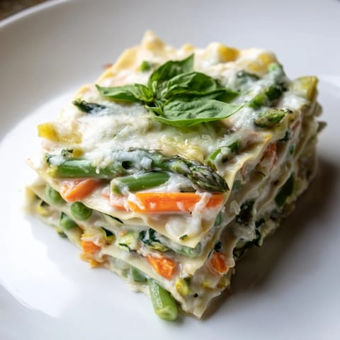 Golden-baked Spring Veggie Alfredo Lasagna layered with no-boil noodles, creamy sauce, and tender spring vegetables in a 9x13 dish.  
