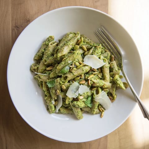 A bowl of Creamy Sunflower Seed Pesto Pasta, garnished with Parmesan and a lemon wedge, steaming warmly on a rustic wooden table.