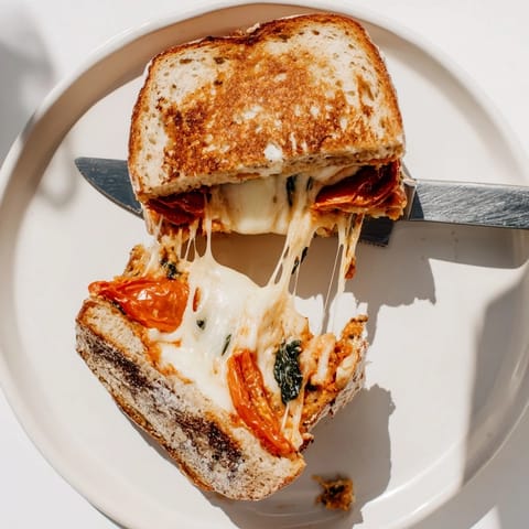 A close-up of Roasted Tomato Pesto Grilled Cheese highlights crispy sourdough crust, oozing cheddar, and caramelized tomatoes with fresh basil.
