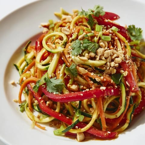 Colorful spiralized vegetable noodles including zucchini, carrot, and cucumber in Raw Vegetable Noodle Salad, garnished with cilantro, green onions, and optional roasted peanuts.