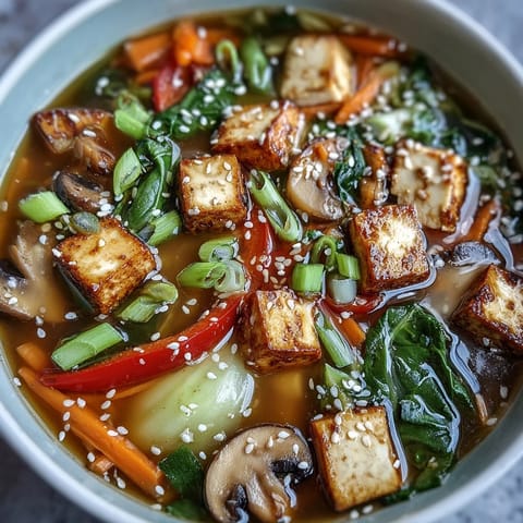 Hearty Tofu and Vegetable Soup with vibrant veggies, perfect for a comforting quick meal.