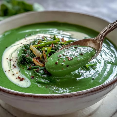 Velvety Spinach Soup steaming in a rustic bowl, garnished with a swirl of fresh cream and a dash of black pepper.