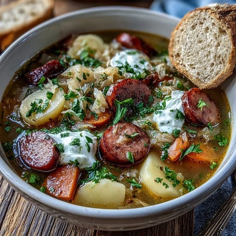 Steaming bowl of Sauerkraut Soup garnished with fresh parsley and a dollop of sour cream.