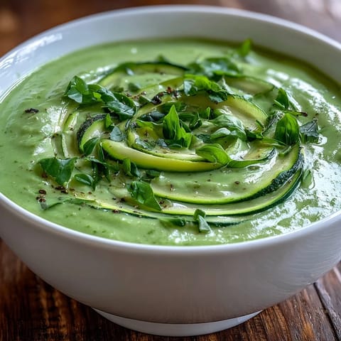 Silky Zucchini Soup blended smooth, topped with a swirl of cream and lemon zest beside crusty bread.